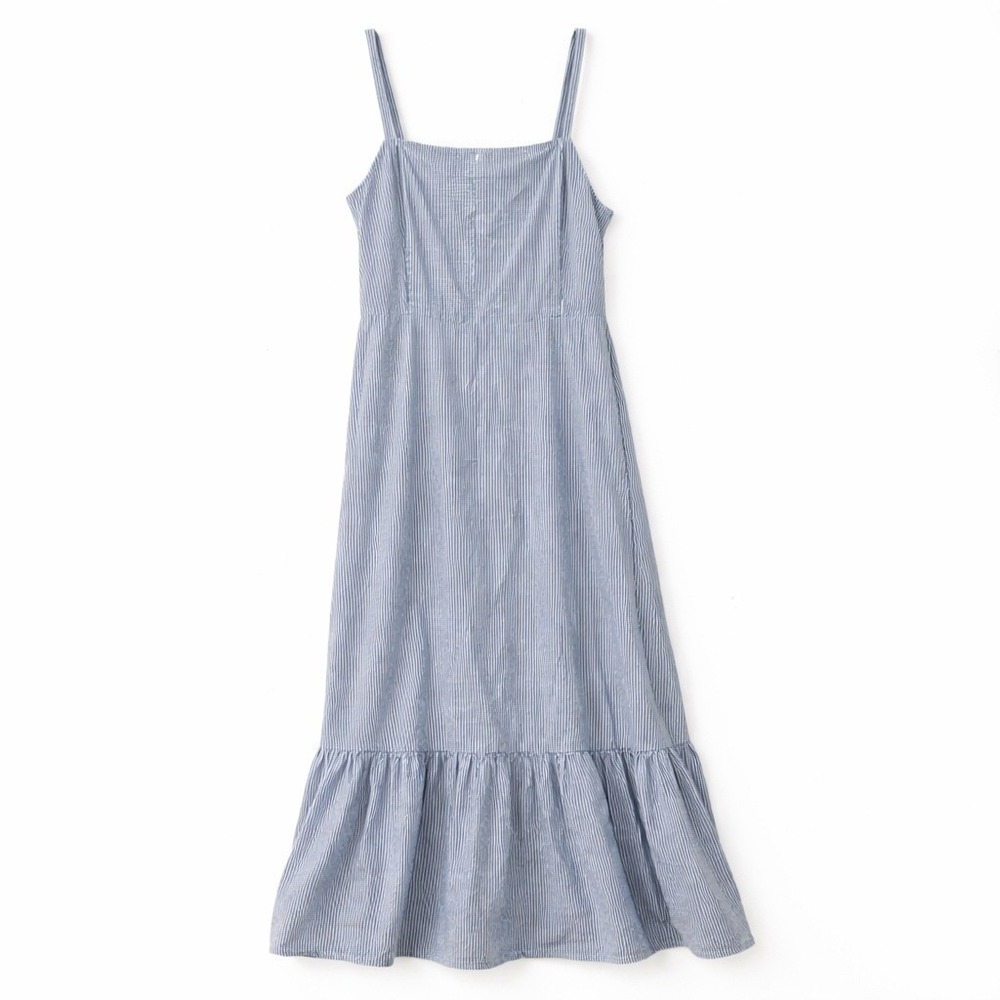 Gap Dress Blue White Striped Linen Blend Apron Ruffle Midi Smocked 10 Tall - Picture 4 of 13